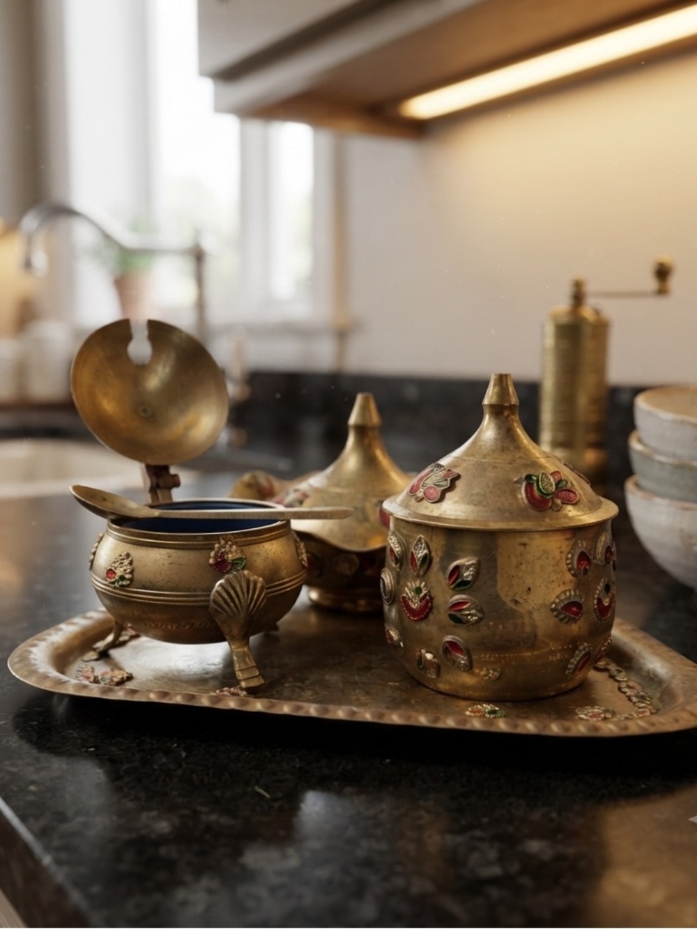 Vintage Brass Spice Set with Floral Design